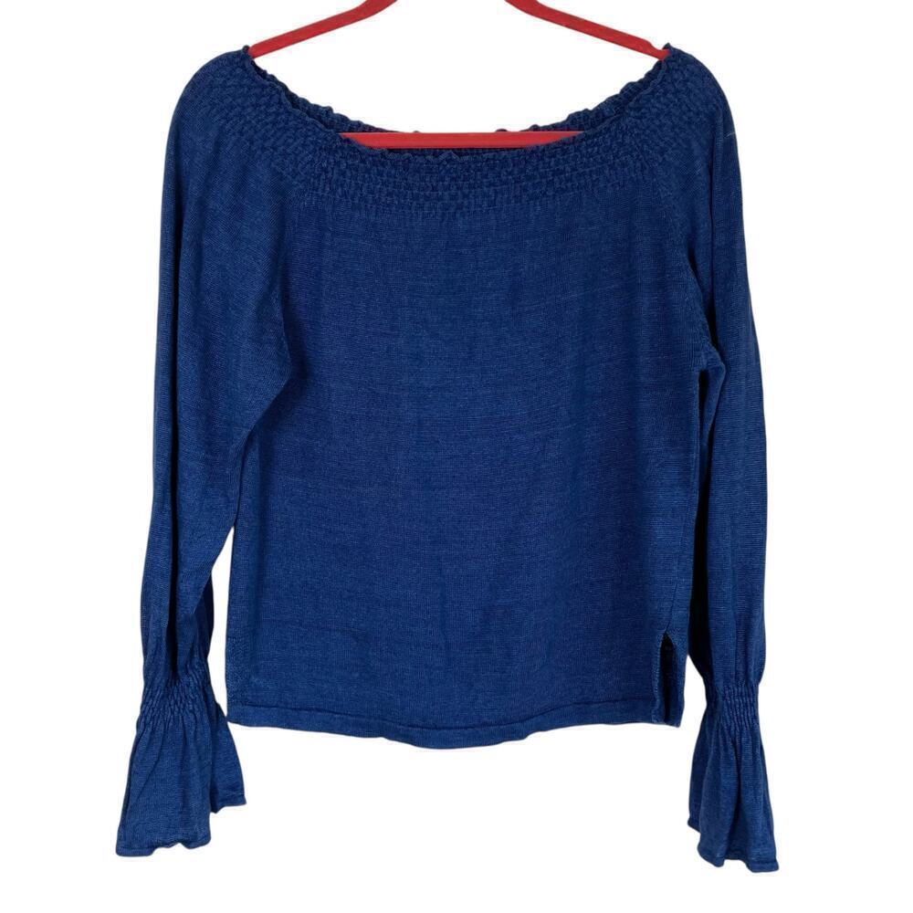 Margaret O’Leary 100% Linen Blue Smocked Off-Shoulder Sweater Bell Sleeve Sloucy